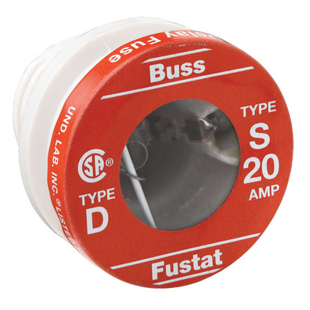 EATON BUSSMANN Plug Fuse, S Series, Time-Delay, 20A, 125V AC, Indicating, 10kA at 125V AC, 4 PK S-20
